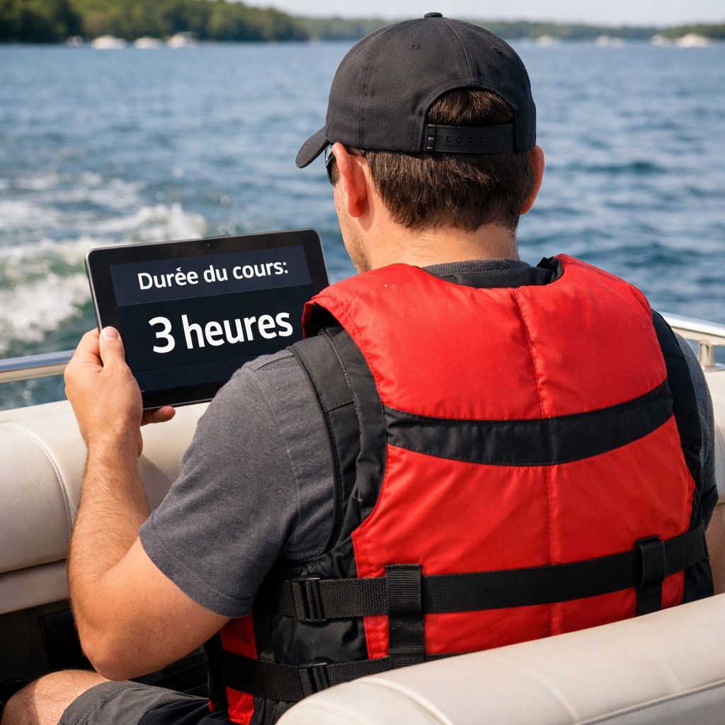 Person in Boat with Tablet Showing Course Duration and 3 Hours
