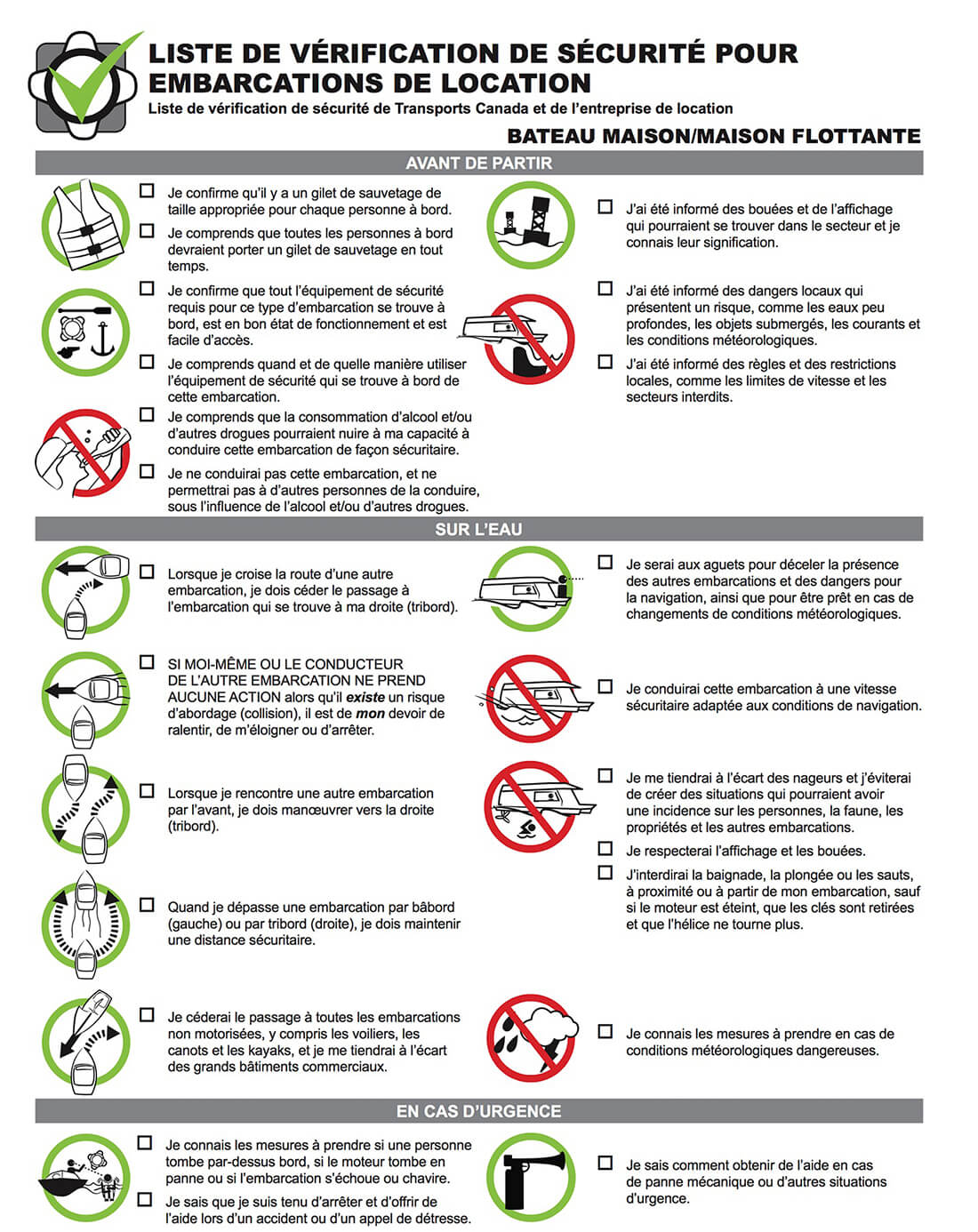 Liste de vérification pour embarcation de plaisance