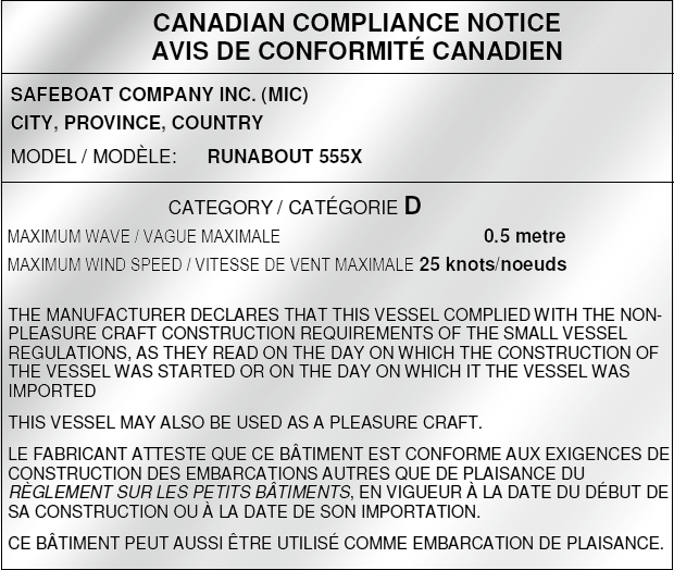 Compliance notice for a&nbsp;pleasure craft measuring more than 6 meters in length&nbsp;