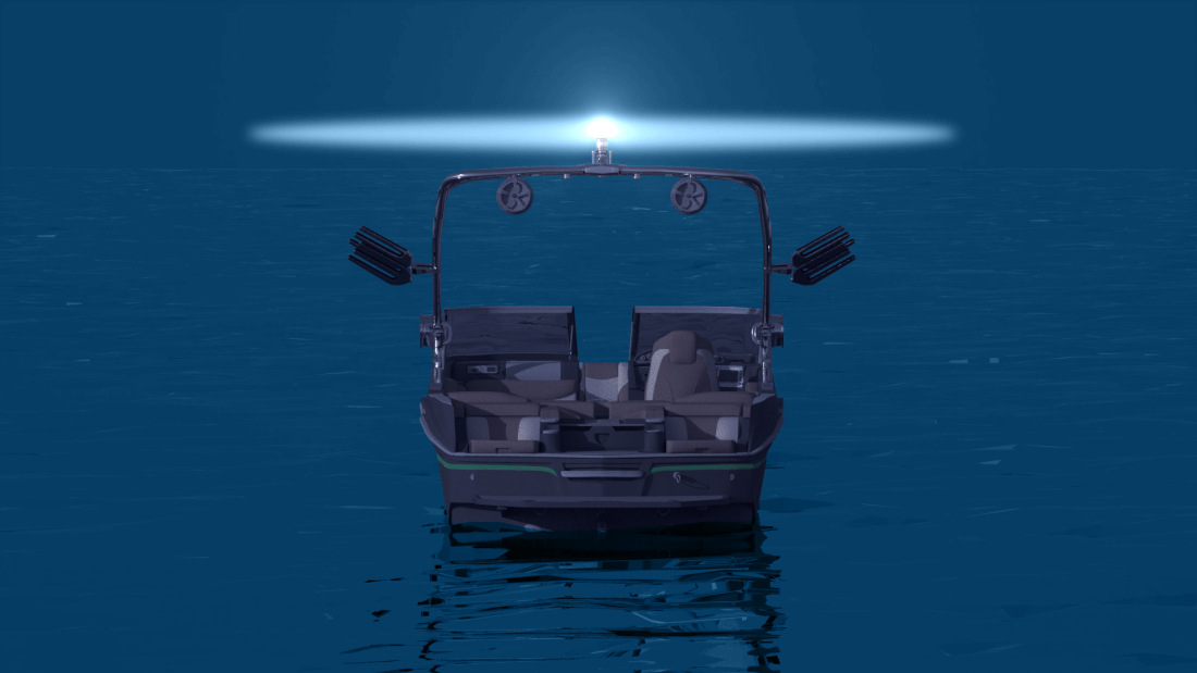 Power-driven vessel seen from the stern (back)