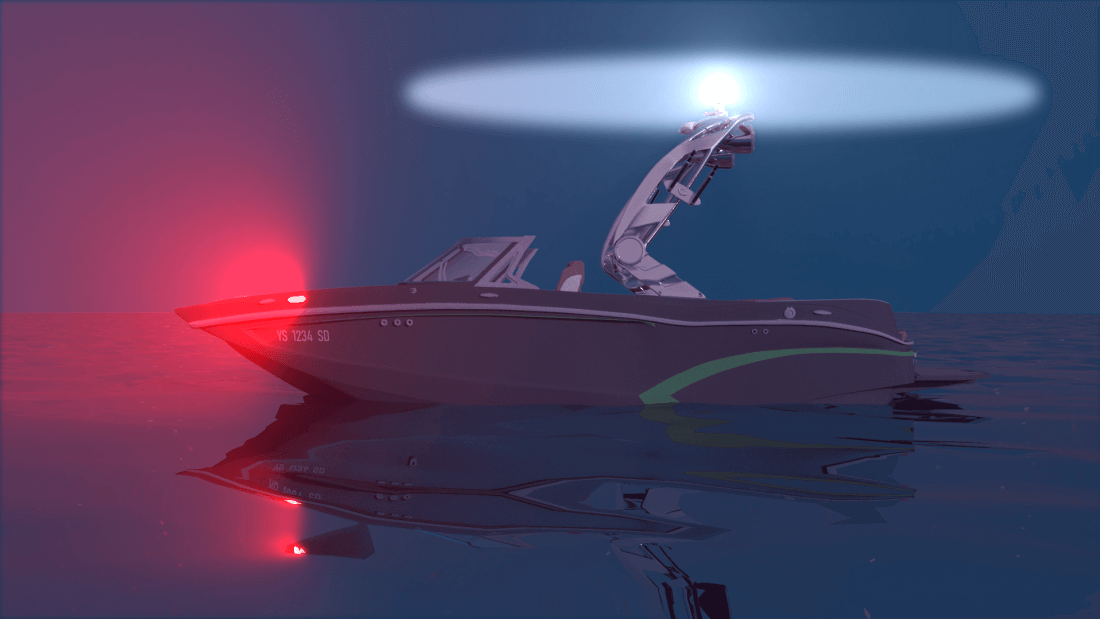 The port side of a boat shows a red light.