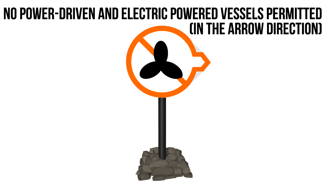 Boating restriction sign - No power driven vessels permitted in the arrow direction