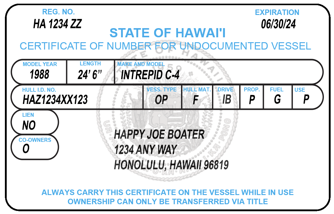 Hawaii registration certificate for a boat